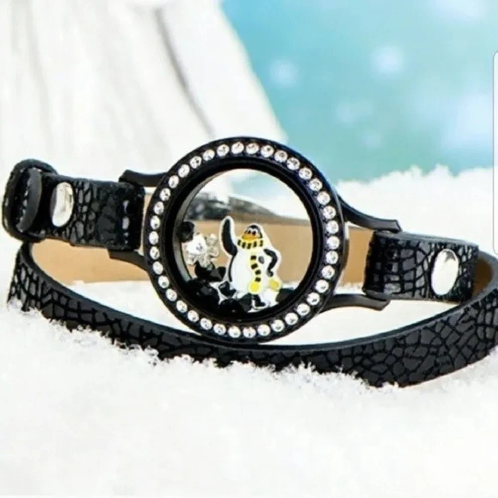 Origami Owl Topper Penguin Charms, Crystal Locket Black Bracelet Set NEW
